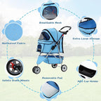 Pet Stroller for Small Medium Dogs & Cats,3-Wheel Breathable Compact Foldable Dog Carrier with Storage Basket, Outdoor Portable Lightweight Travel Stroller for Camping,Blue