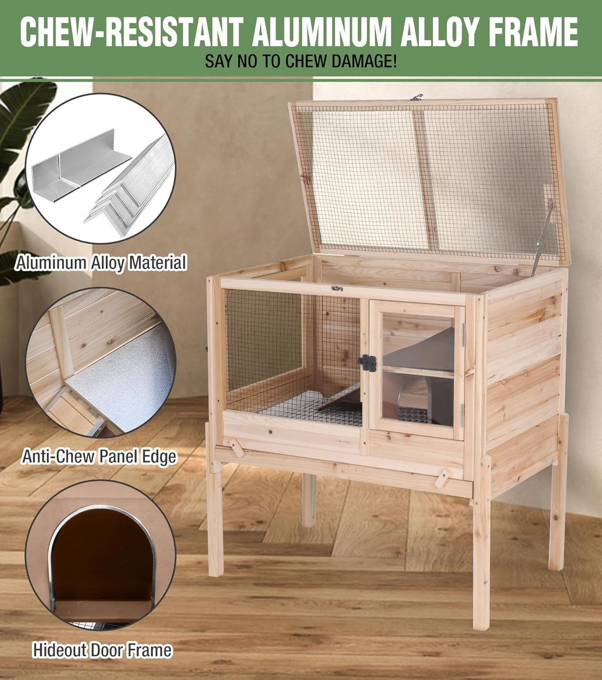 GUTINNEEN Guinea Pig Cage Rabbit Cage Indoor with Chew-Proof Edges, Clean Deep Tray, Leakproof PVC Layer, Small Animals Cage with Adjustable Legs - Natural Wood Color