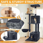 Cat Tree, 54-Inch Cat Tower for Indoor Cats, Soft Plush Multi-Level Climbing Cat Condo with Scratching Posts, Basket, Perches,2 Caves,2 Pompoms Play House for Cat(Dark Gray)