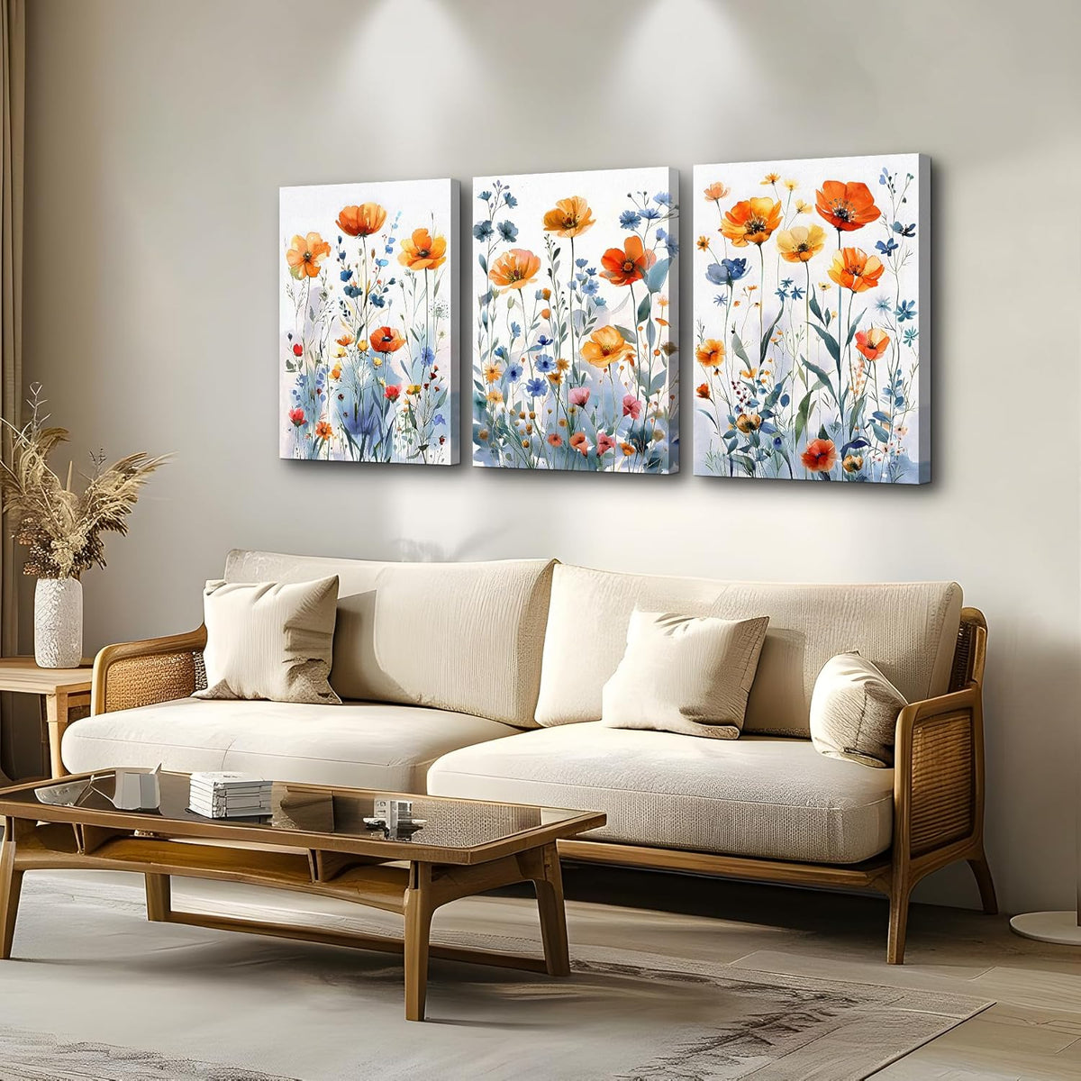 TTHYUEWS Large Canvas Wall Decor for Living Room Boho Wall Art for Bedroom Wall Decorations For Kitchen Family Room Wall Pictures Artwork Flowers Watercolour Paintings Modern Home Decor 3 Pieces