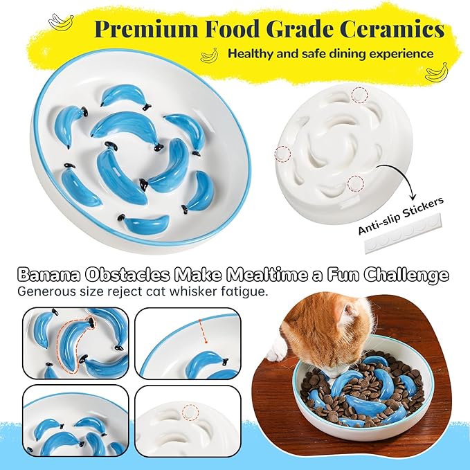 Ceramic Cat Slow Feeder Bowl - Vibrant Cat Feeding Bowl - Cute Maze Food Dish for Slow Eating - Dishwasher Safe - 6.3''W x 1.2''H - 7 OZ - Red