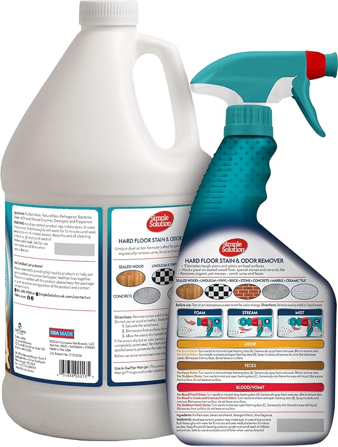 Simple Solution Hard Floor Pet Stain and Odor Remover, Dog Stain and Odor Eliminator Spray, Enzyme Cleaner, Pet Urine Remover for Hardwood Floors, Pee and Poop Destroyer, 32oz and Gallon Bundle