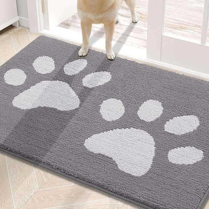 Buganda Dog Door Mat for Muddy Paws, Absorbent Dirt Trapper Washable Indoor Doormats, Non Slip Low-Profile Mud Mat for Dogs, Front Entrance Doormat for Inside Floor (30x20 Inches, Light Grey)
