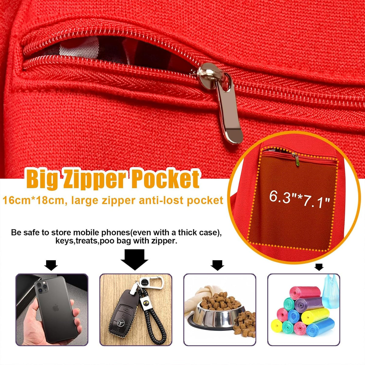 Tomkas Small Dog Sling Carrier - Zipper Pocket & Classic Strap - for 3-10 lbs Pets(Red)