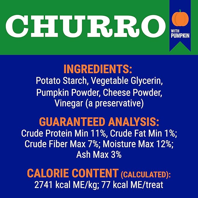 Churro Pumpkin and Cheese Treats | Cheese Churro | Lactose Free - Gluten Free - Grain Free | USA Made | for All Breeds | 11-13 Churros | Pumpkin