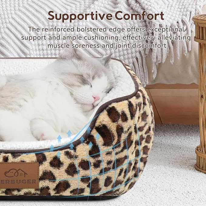 Rectangle Cat Dog Bed for Large Medium Small Pets Indoor Outdoor Machine Washable Sleeping Sofa Non-Slip Bottom Soft Puppy Bed Durable Orthopedic Calming Pet Cuddler (Small, Leopard)