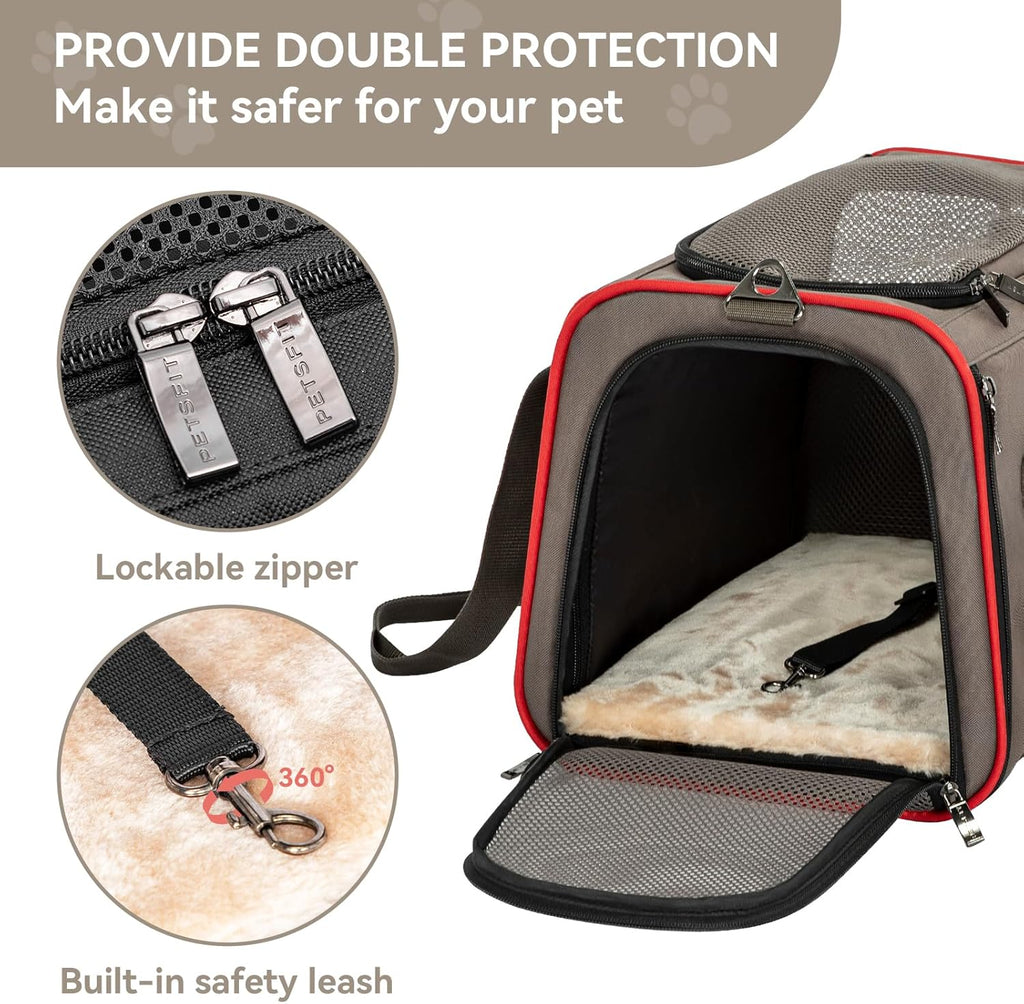Petsfit Expandable Cat Carrier Dog Carriers,Airline Approved Soft-Sided Portable Pet Travel Washable Carrier for Kittens,Puppies,Removable Soft Plush mat and Pockets,Locking Safety Zippers