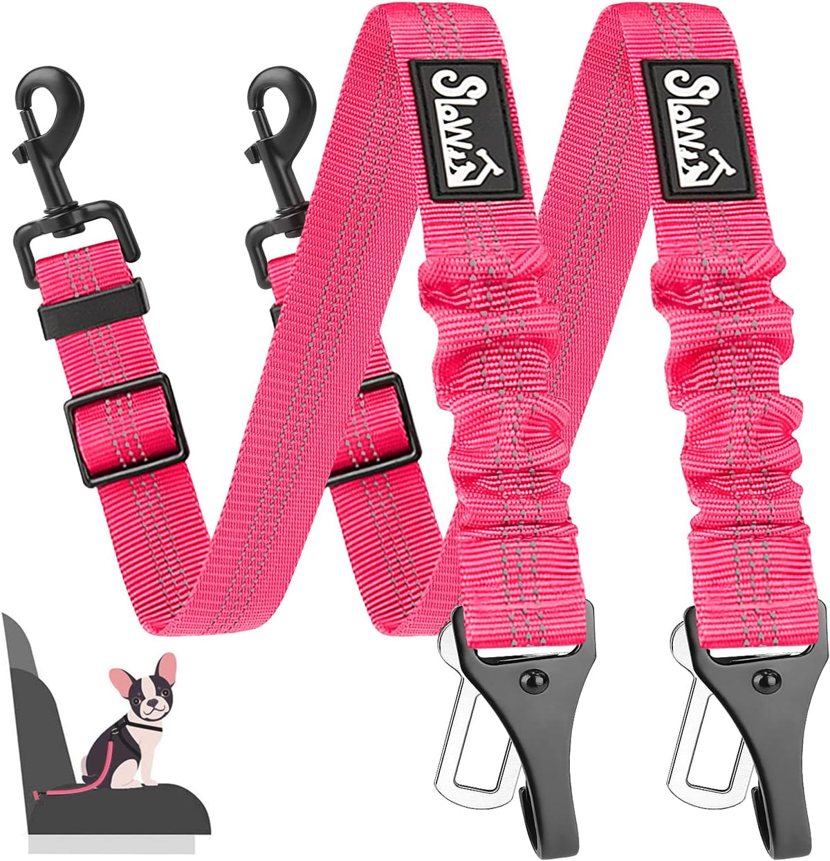 SlowTon 2 Pack Dog Seat Belt, 2 in 1 Attachment, Hook Latch Bar or Seatbelt Buckle with Elastic Nylon Bungee Buffer Adjustable Reflective Nylon Safety Belt Tether Connect to Dog Harness (2pack-FL)