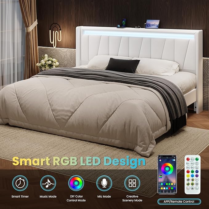 SHA CERLIN King Size Bed Frame with Charging Station and LED Lights, Modern Velvet Platform Bed with Upholstered Geometric Wingback Headboard, No Box Spring Needed, Easy Assembly, White