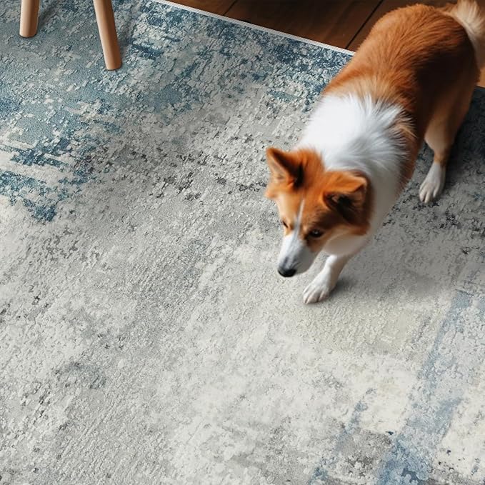 2.6x12 Extra Long Runner Rug Blue Grey Abstract: Washable Non-Slip Hallway Carpet for Entryway - Soft Thin Low Pile Floor Mat for Long Hallways, Custom Length 2.6x12 Blue