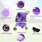 Pet Stroller for Small Medium Dogs & Cats,3-Wheel Breathable Compact Foldable Dog Carrier with Storage Basket, Outdoor Portable Lightweight Travel Stroller for Camping,Purple