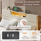 Queen Size Bed Frames with Upholstered Headboard, Modern Platform Bed with Charging Station and Led Lights, Bed Frame with Sturdy Wooden Slats/No Box Spring Needed/2-Tier Storage, Beige