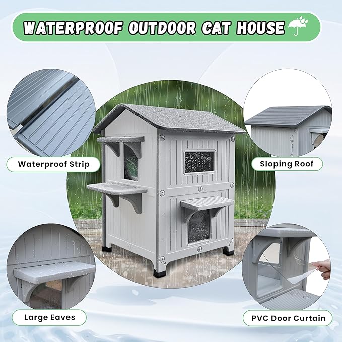 Plastic Outdoor Cat House with Escape Door, Waterproof 2 Story Outdoor Houses for Feral Cats Outside Cat Shelter, Spacious, Clean and Assemble Easily