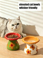 Mushroom Elevated Cat Bowls Ceramic, Cute Cat Bowls Whisker Fatigue | Raised Cat Bowl for Indoor Cats, Raised Dog Bowls Stand for Food and Water, Orange 5.8" Wide for Adult Cats