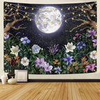Neasow Aesthetic Moon Garden Tapestry Wall Hanging, Night Landscape with Colorful Plants Floral Tapestries for Bedroom Home Decor Multi Color 60×80 inch (150cm×200cm)