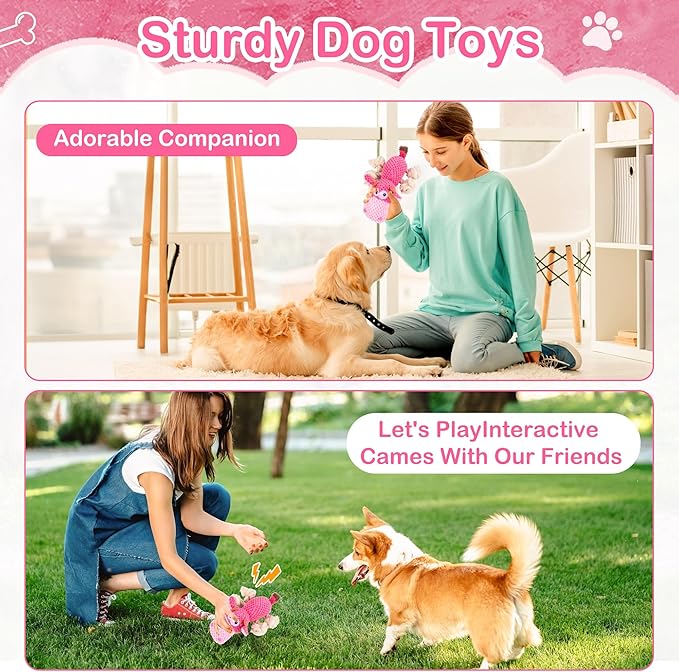 Dog Squeak Toys, Chew Rope for Small & Medium Breeds, Puppy Teething Interactive Plush Toy to Keep Them Busy, Best Birthday, Christmas, Halloween, Easter Gift, Hippo