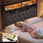 EnHomee Full Size Bed Frame with 4 Storage Drawers and Headboard Upholstered,Wooden Full Bed Frame with Charging Station and LED Light,NO Noise,No Box Spring Needed,Gray