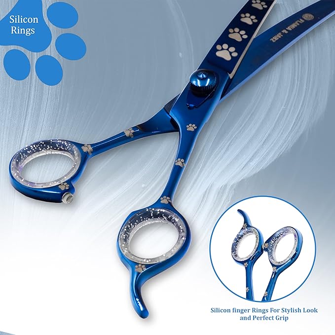 Professional Dog Grooming Scissors/Shears, Curved, with Paw Prints for Dogs, Cats & Pets (Right Handed, Blue, Stainless Steel 8 Inch)