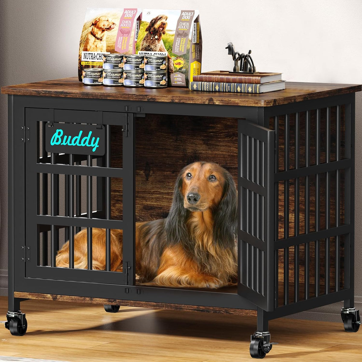 EasyCom 33"/27" Dog Crate Furniture with Name Tag, Heavy Duty Dog Kennel Indoor for Medium and Small Dogs, Double-Doors Sturdy Metal Dog Cage, Decorate House as TV Stand, End Table, Bedside Table