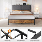 Queen Size Platform Bed Frame with Ergonomic Upholstered Headboard, Built-in Charging Station, Storage Headboard, Sturdy Metal Slats, No Box Spring Needed, Easy Assembly
