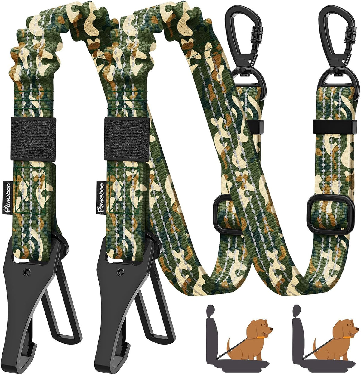 Pawaboo 2Pack Dog Seatbelt for Car, Dog Car Seat Belt Bungee, Dogs Tether with Buckle & Hook Latch, Adjustable Reflective Dogs Cars Harness Leash with 360° Lockable Buckle, Army Green Camouflage