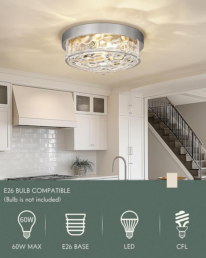 12" Flush Mount Ceiling Light, Brushed Nickel Finish, Hammered Glass Shade, Modern Farmhouse Style for Bedroom, Living Room, Dining – CKCL4822-2W-HGBN