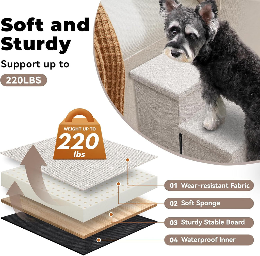 Dog Stairs with Condo 23" H, 4-Step Wider Folding Storage Pet Stairs Gift for Small/Medium/Large Old Dogs Cats, Dog Steps for High Beds Window, Ramp for Climbing Car Up to 200 lbs, Beige