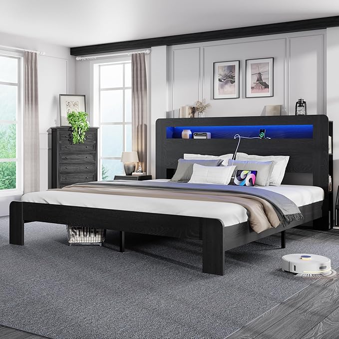 King Size Wooden Bed Frame with Bookcace Storage Headboard, Rustic Farmhouse Bedframe with LED Lights and Charging Station, Sturdy and Stable, Slat Support, No Box Spring Required (Black, King)