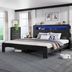 King Size Wooden Bed Frame with Bookcace Storage Headboard, Rustic Farmhouse Bedframe with LED Lights and Charging Station, Sturdy and Stable, Slat Support, No Box Spring Required (Black, King)