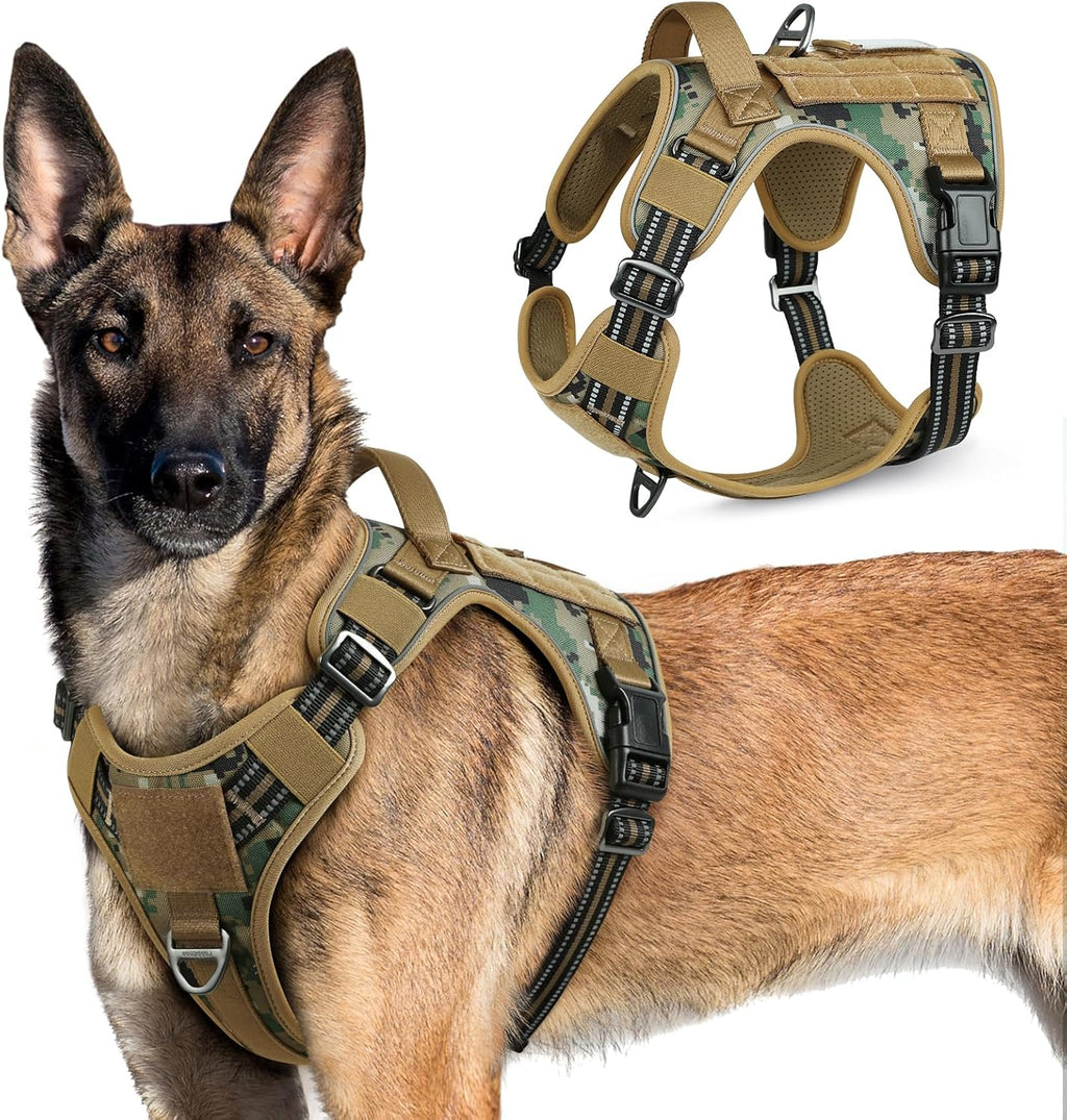 rabbitgoo Tactical Dog Harness for Large Dogs, No Pull Military Service Vest with Handle & Molle, Easy Control for Training Walking, Adjustable Reflective Straps, Brown camo, XL