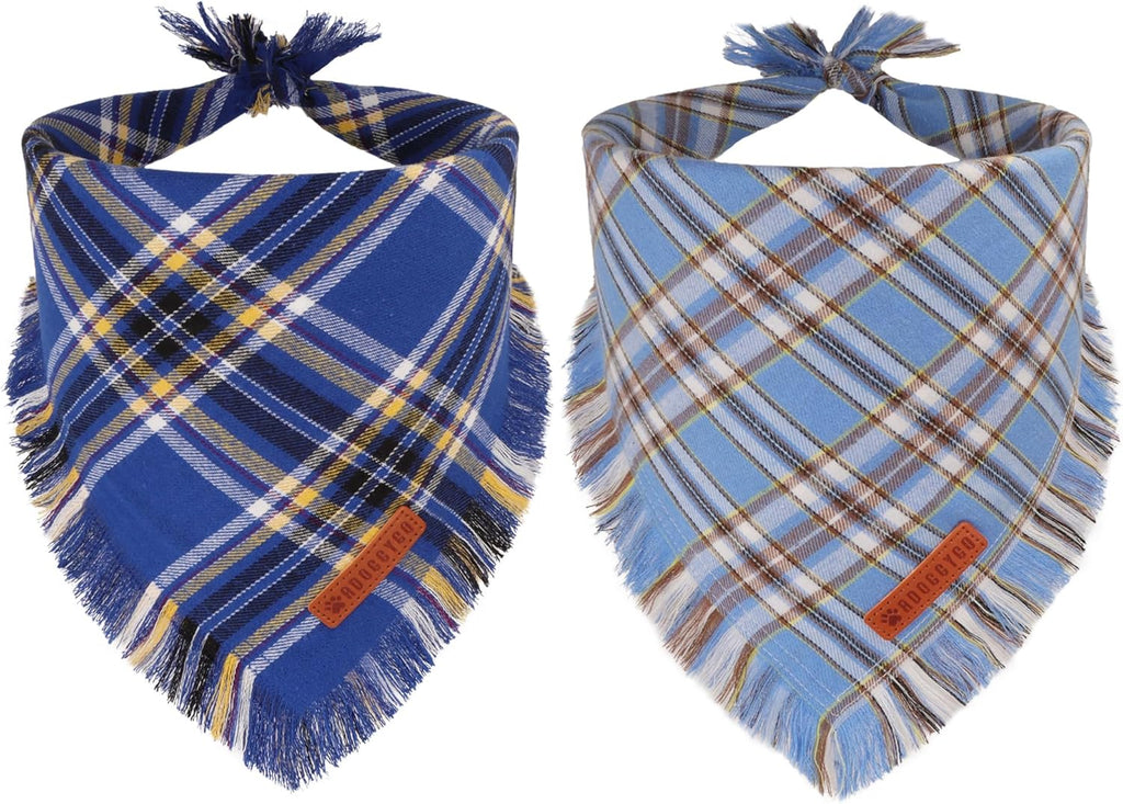 ADOGGYGO Dog Bandanas Boy with Tassels Edges, Stylish Blue Plaid Pet Scarf, Soft Cotton Fabric, Adjustable Reversible Plaid Bandanas for Extra Large Dogs (X-Large)