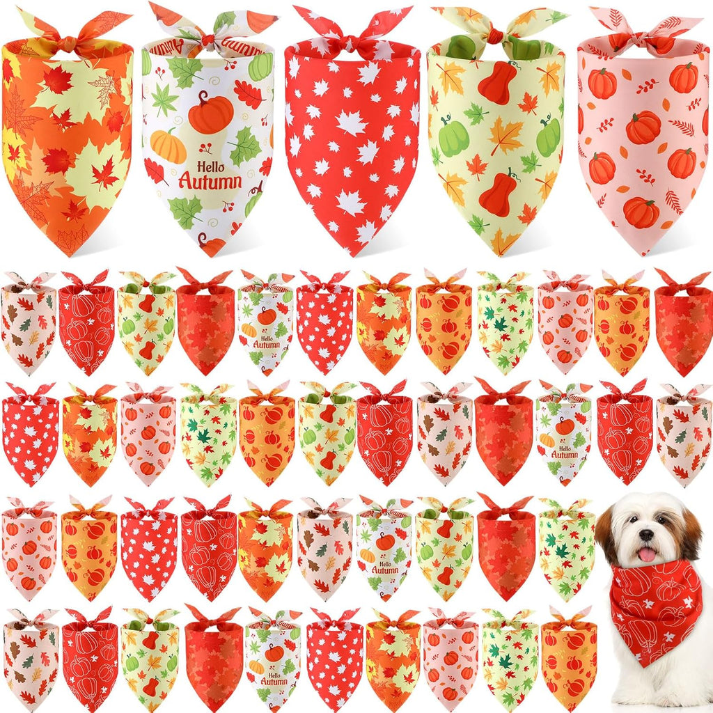 Weewooday 50 Pcs Fall Dog Bandanas Bulk Pumpkin Maple Leaves Thanksgiving Autumn Bandanas for Bibs Adjustable Scarf for Small Medium Large Pet Cat Costume(Leaves Pattern, 19.7 x 13.8 x 13.8 Inch)