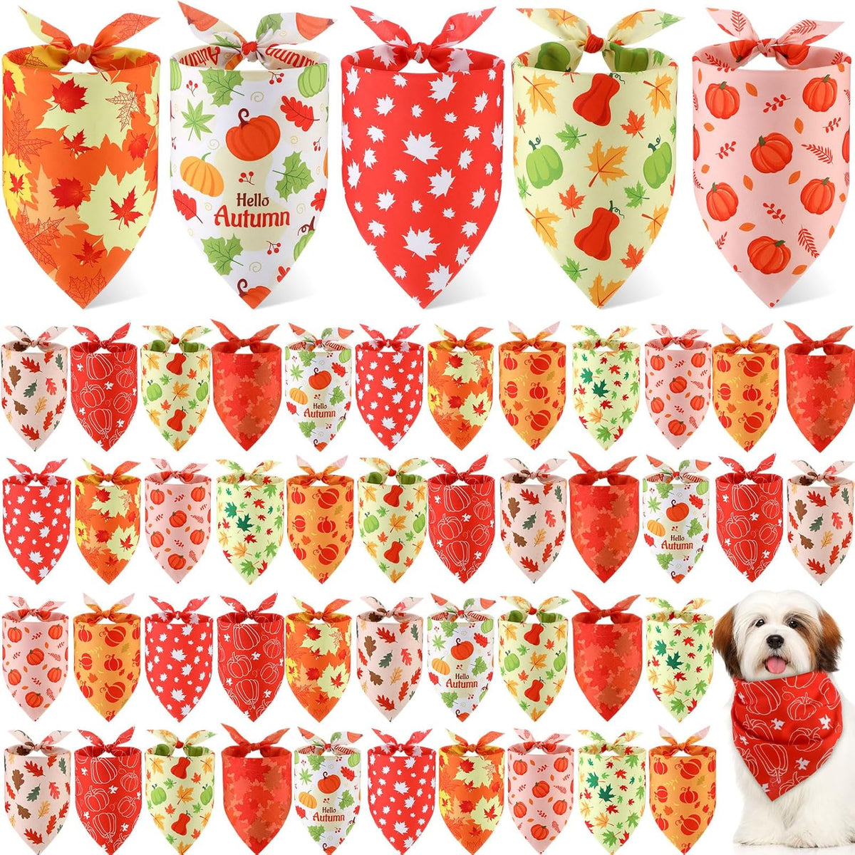 Weewooday 50 Pcs Fall Dog Bandanas Bulk Pumpkin Maple Leaves Thanksgiving Autumn Bandanas for Bibs Adjustable Scarf for Small Medium Large Pet Cat Costume(Leaves Pattern, 19.7 x 13.8 x 13.8 Inch)