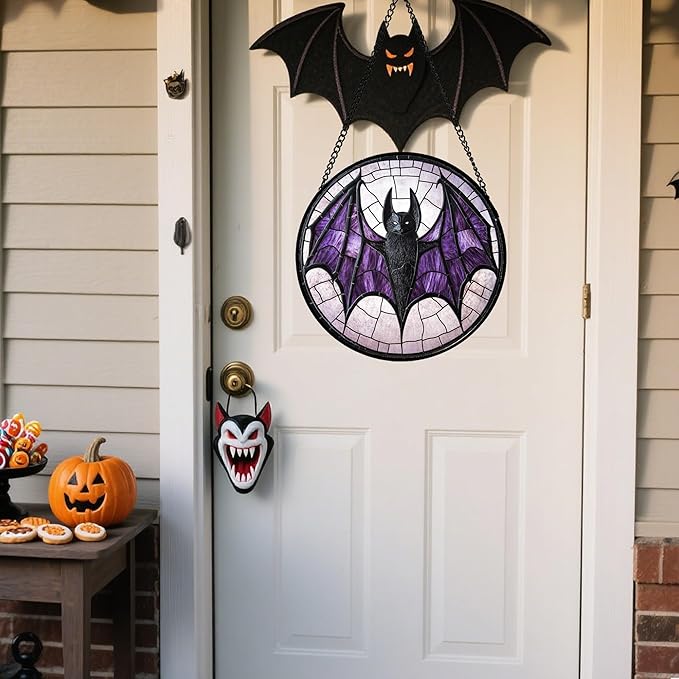 Stained Glass Window Hanging - Halloween Black Bat Purple Wings Monster Suncatcher for Doors Garden Home Spooky Sun Catchers Gothic Decor Horror Gift for Women Men Friend Boy Girl 11.8 in
