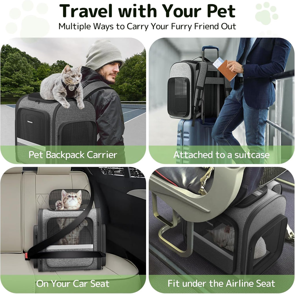 Pawtners Cat Carrier Backpacks Expandable Cat Backpack with Breathable Mesh, Pet Carrier Backpack for Cats Small Dogs Puppies Up to 18 Lbs, Dog Carrier Backpack for Travel Hiking Camping Outdoor