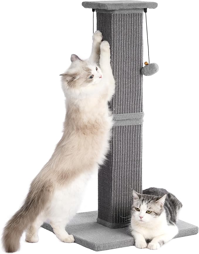 Large Cat Scratching Post with Heavy Duty Base 33" Sturdy Square Sisal Scracher Post and 2 Interactive Hanging Balls for Big Cats-Grey