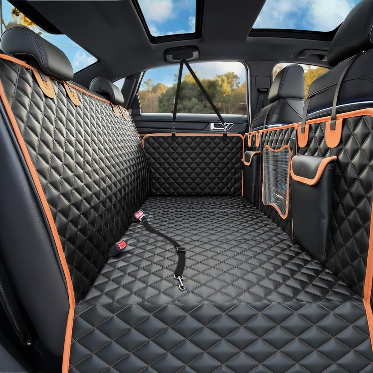 Back Seat Extender for Dogs,Dog Car Seat Cover for Back Seat with Hard Bottom Holds 500 lbs,Car Seat Protector,Waterproof Extender for Dogs,Dog Hammock,600D Nonslip,Pet Bed for Cars,SUVs, Small Trucks