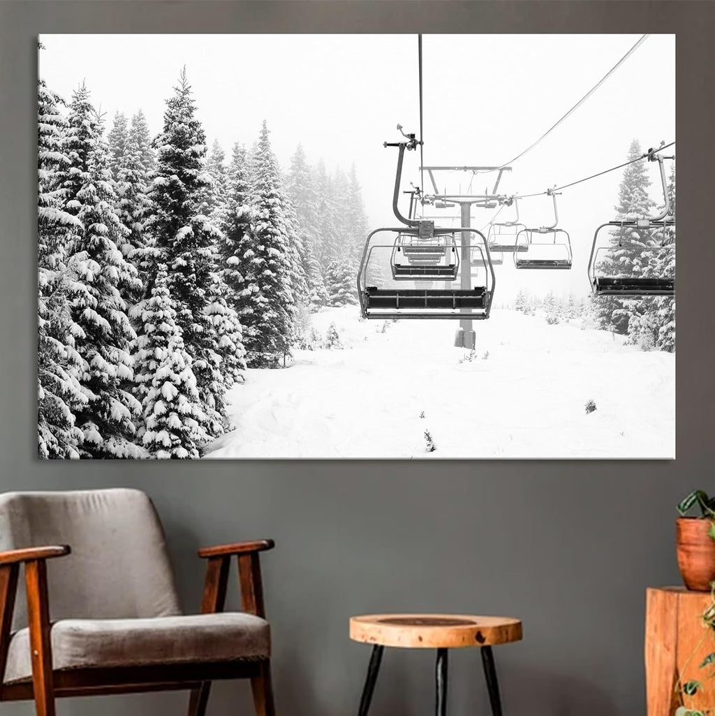 Nature Wall Art Prints - Ocean Forest Mountain Lake Canvas Landscapes - Small to Extra Large Living Room Bedroom Kitchen Bathroom Décor (Ski Lift on Snowy Mountain, 35L" x 53W")