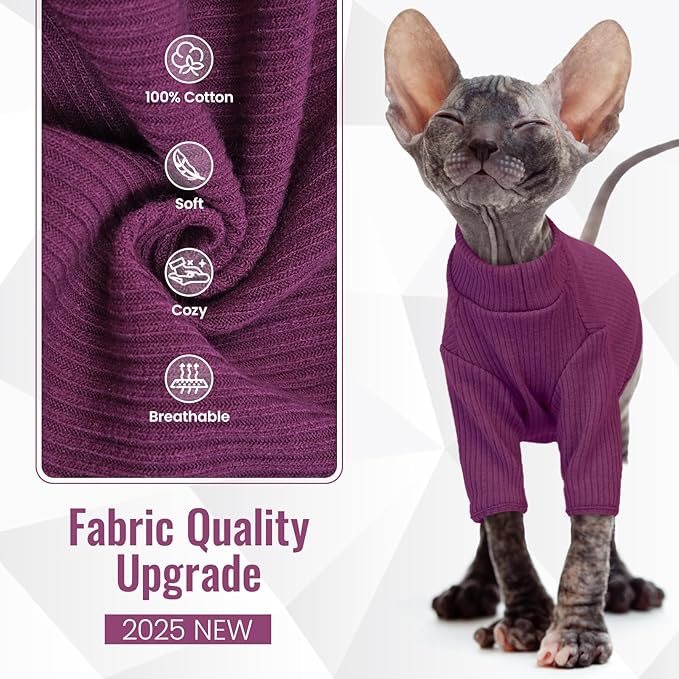 DENTRUN Sphynx Hairless Cats Shirt Pullover Kitten T-Shirts, Breathable Cat Wear Turtleneck Sweater Adorable Cat's Clothes Vest Pajamas Jumpsuit