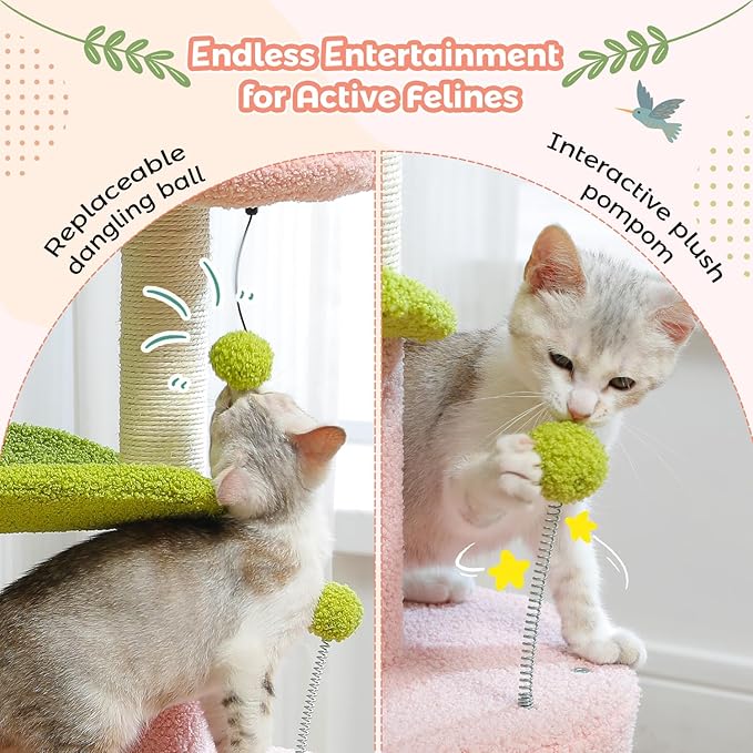 PAWZ Road Flower Cat Tree Pink 32” Small Cat Tower Cat Scratching Post with Curved Perch, Cozy Cats Condo Removable Flower Bed for Kittens and Small Cats-Pink
