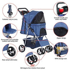 4 Wheels Dog Stroller Folding Pet Strolling Cart for Small Medium Cats Puppies Portable Jogger Travel Camping Puppy Carrier with Storage Basket Cup Holder, Navy Blue