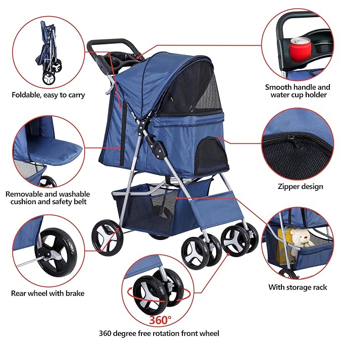 4 Wheels Dog Stroller Folding Pet Strolling Cart for Small Medium Cats Puppies Portable Jogger Travel Camping Puppy Carrier with Storage Basket Cup Holder, Navy Blue