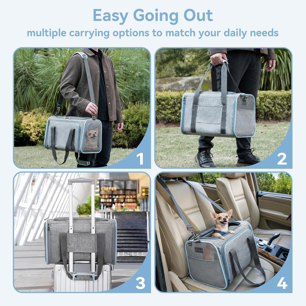 Petsfit Expandable Cat Carrier Dog Carriers,Airline Approved Soft-Sided Portable Pet Travel Washable Carrier for Kittens,Puppies,Removable Soft Plush mat and Pockets,Locking Safety Zippers