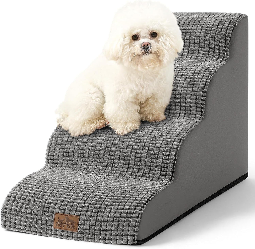 Dog Stairs for Small Dogs 19.7" H, Curved Dog Step for Puppy, Older or Cat, Medium Pet Ramp for Sofa, Couch or Bed, Ladder with High Density Foam, 15.7x28.3x19.7 inch, 4 Step, Light Grey