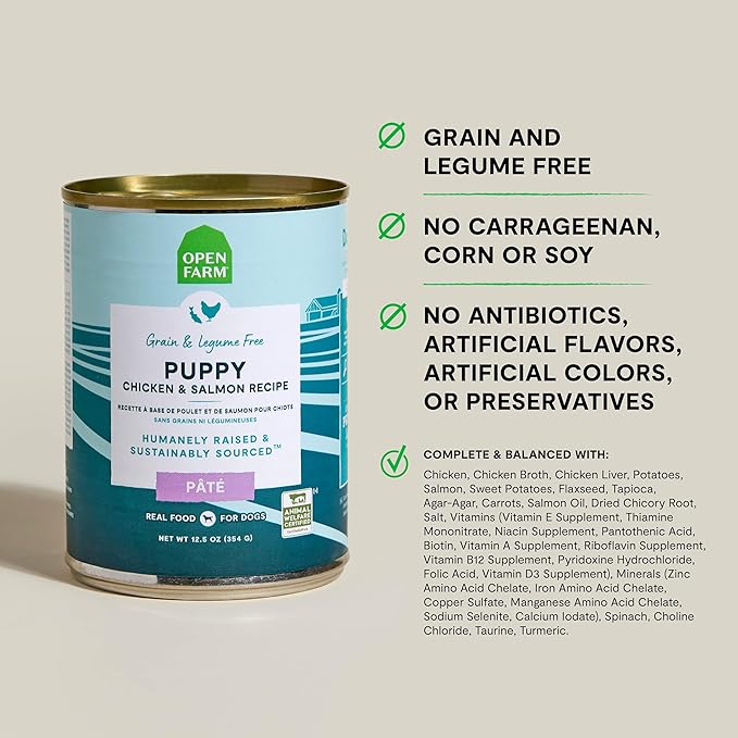 Open Farm Canned Puppy Food, Pate for Complete & Balanced Nutrition, Grain Free and Legume-Free, Chicken & Salmon Recipe for Puppies, 12.5oz Cans (Pack of 12)