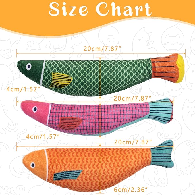 Soft Catnip Toys Fish, 3 Pack Bell Sound Cat Toys, Interesting Indoor Cat Kicker Toys, Durable and Highly Interactive Catnip Toys (Saury Fish)