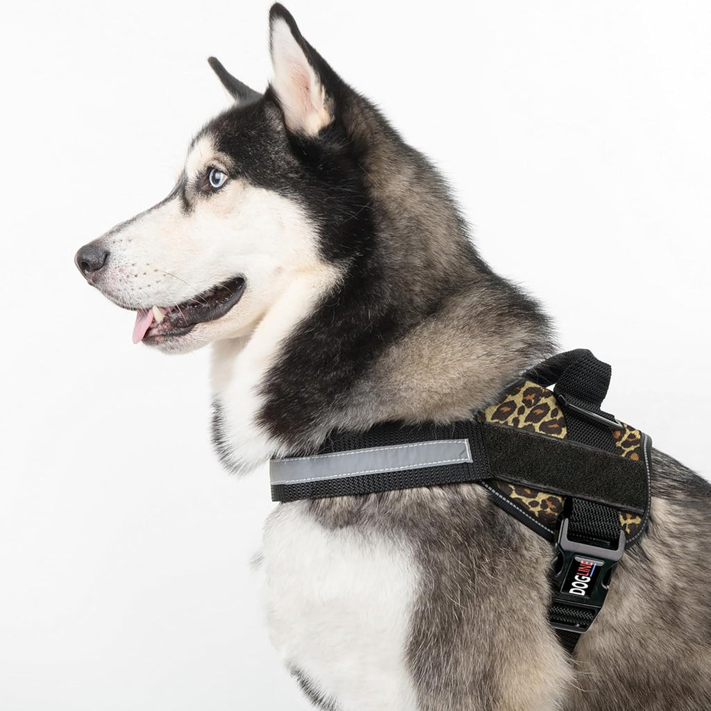 Dogline Dog Harness, Reflective No-Pull Adjustable Vest with Handle for Walking, Training, Breathable, No - Choke Harness for Small, Medium or Large Dogs Room for Patches Leopard Brown L 27"-34"