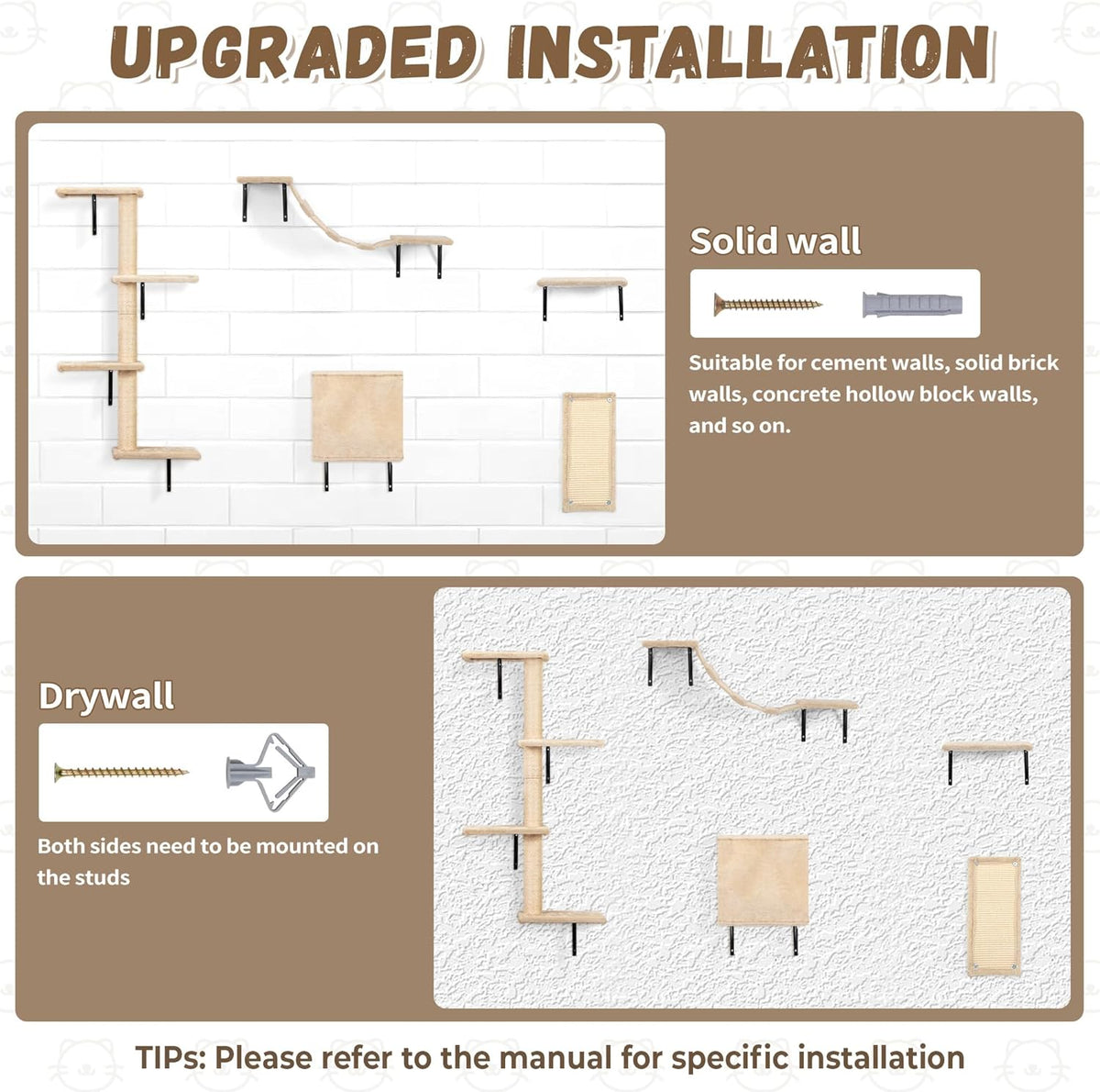 COZIWOW Wall Mounted Cat Furniture, Cat Wall Shelves and Perches, Floating Cat Shelves for Wall Set of 5(Beige)