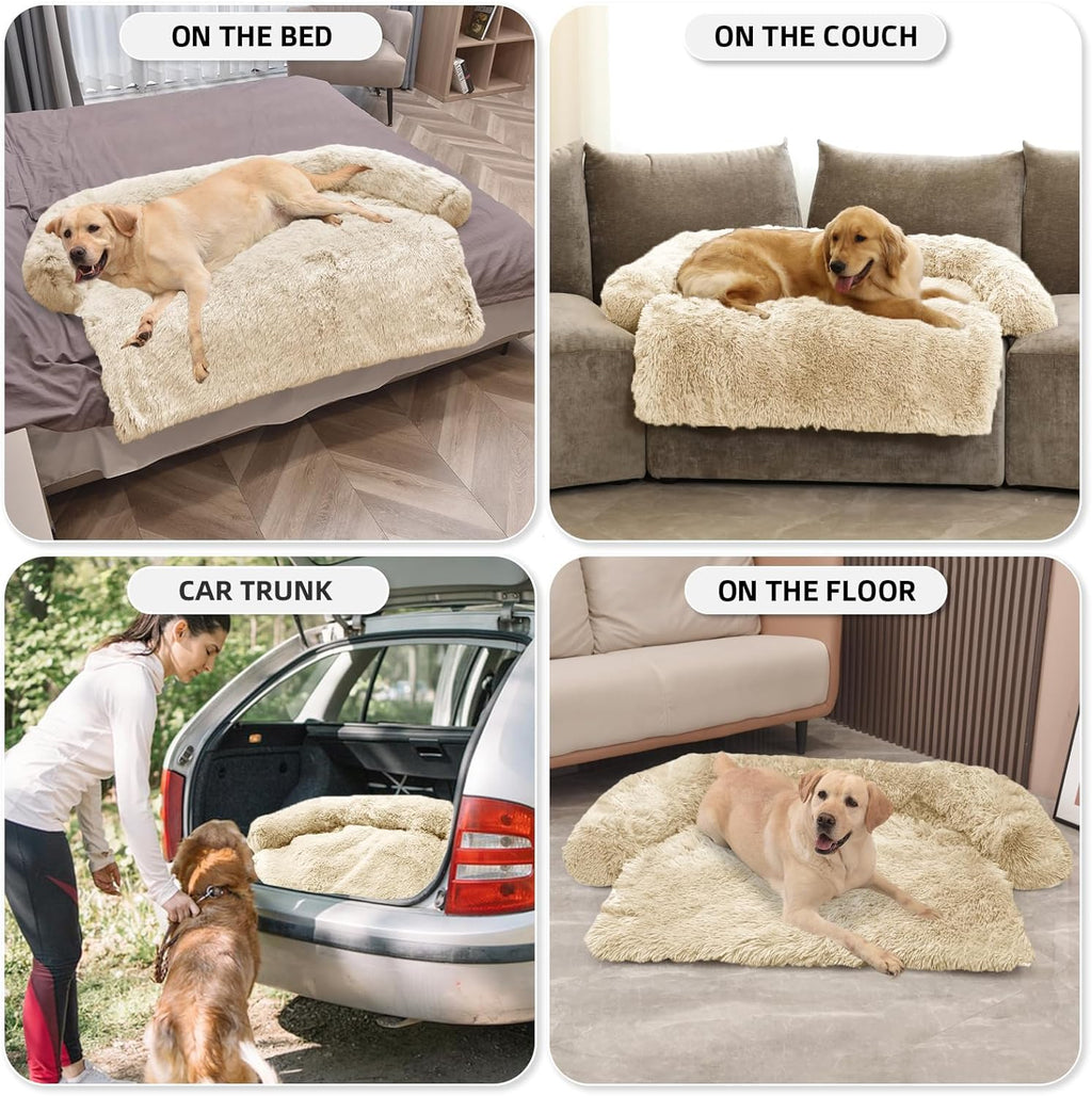 Calming Dog Bed Fluffy Plush Dog Mat for Furniture Protector with Removable Washable Cover for Large Medium Small Dogs and Cats (Extra Large (53x39.3x6), Beige)