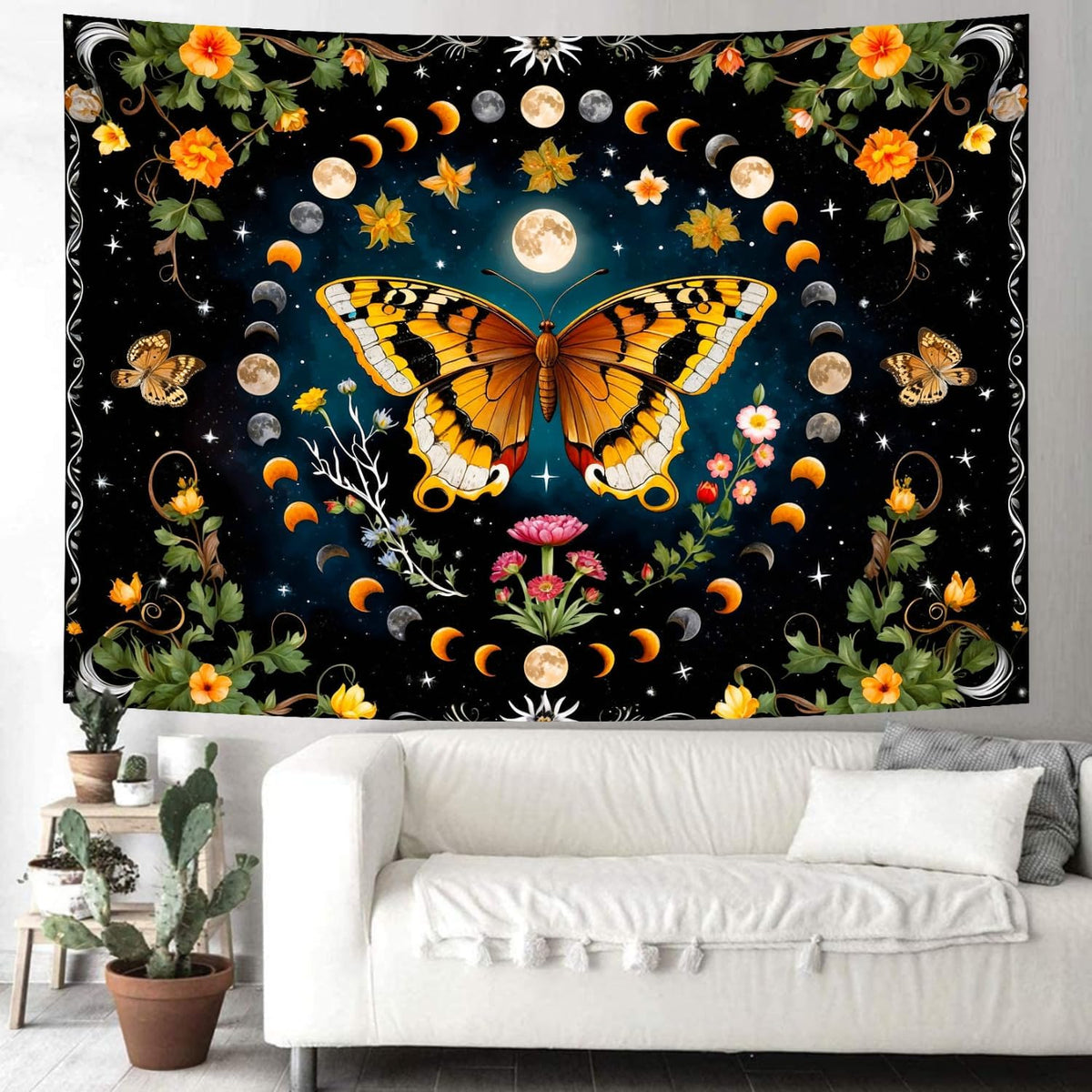 Delur Butterfly Moon Flower Tapestry Botanical Floral Plant Boho Tapestry Wall Hanging Mandala Aesthetic Mushroom Retro Vintage Headboard for Bedroom Living Room Home Decor (59.1" x 78.7")